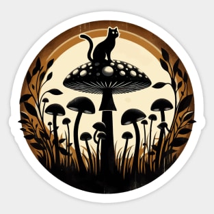 Funny Vintage Black Cat in Mushroom Garden Sticker